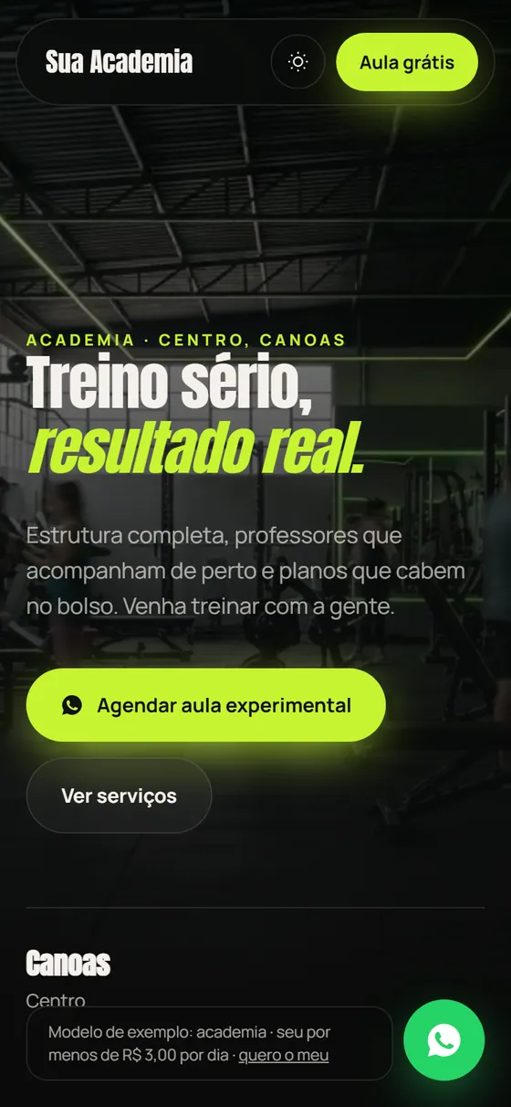 Modelo de site para academia, aberto no celular