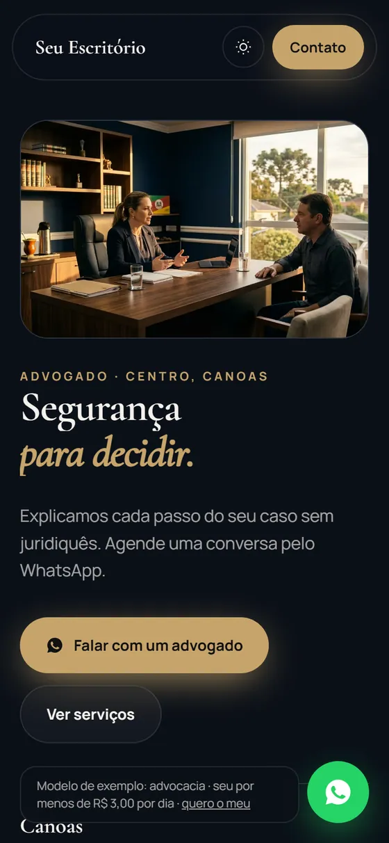Modelo de site para advocacia, aberto no celular