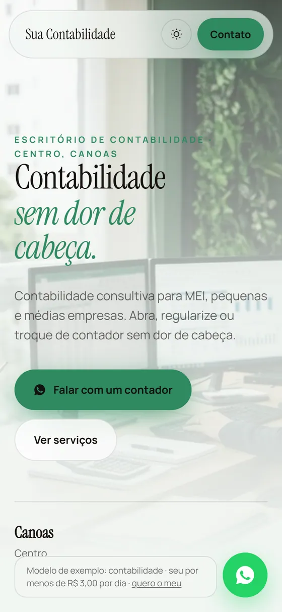 Modelo de site para contabilidade, aberto no celular