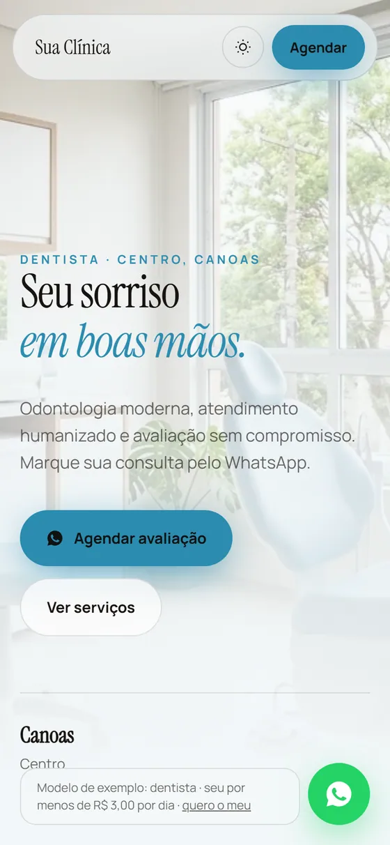 Modelo de site para dentista, aberto no celular