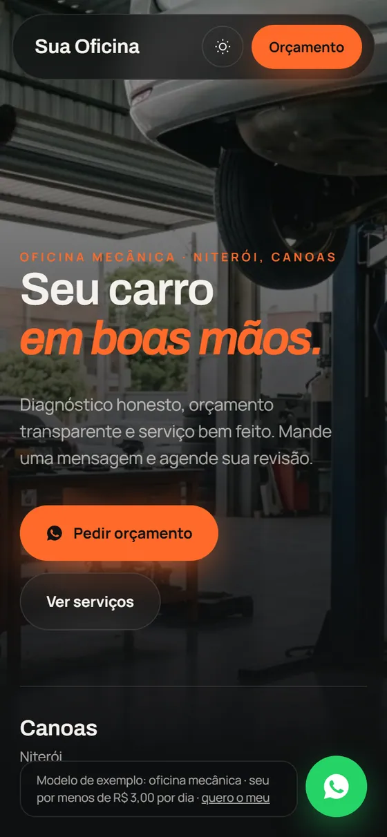 Modelo de site para oficina mecânica, aberto no celular