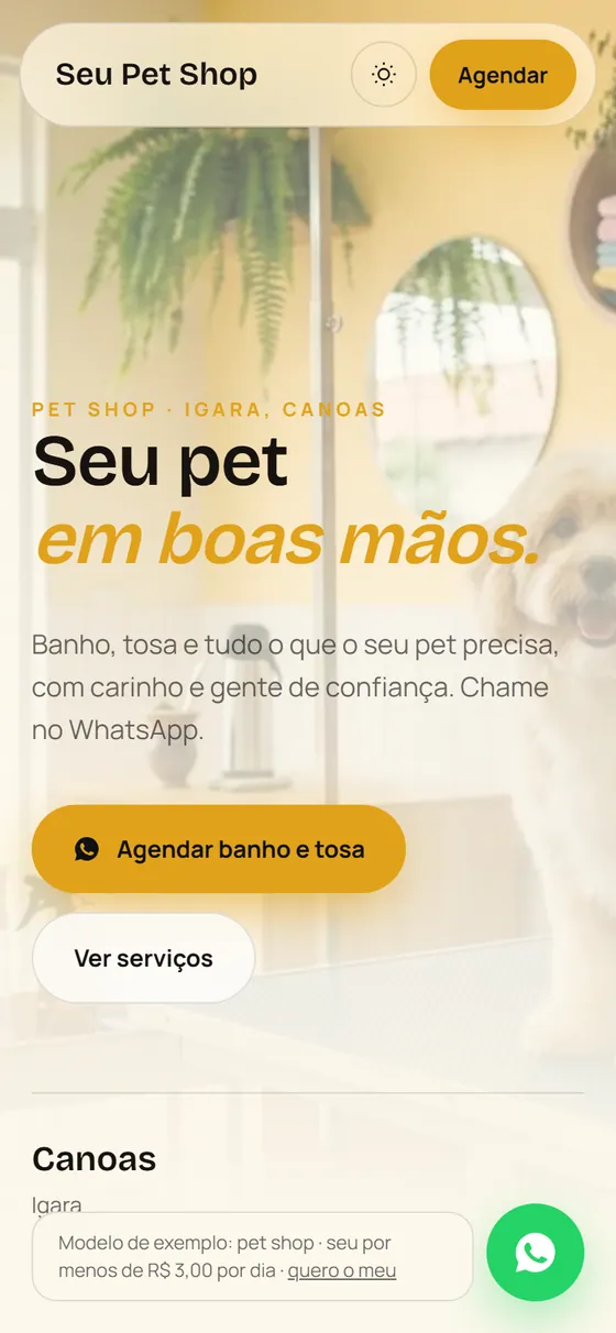 Modelo de site para pet shop, aberto no celular