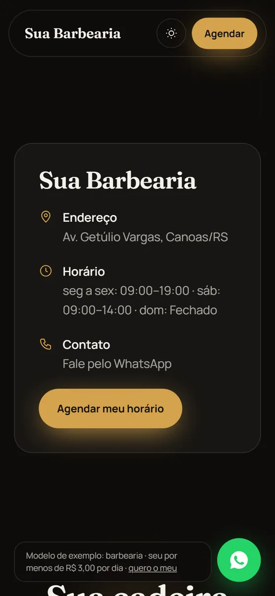 Modelo de site no celular mostrando endereço, horário e contato do negócio